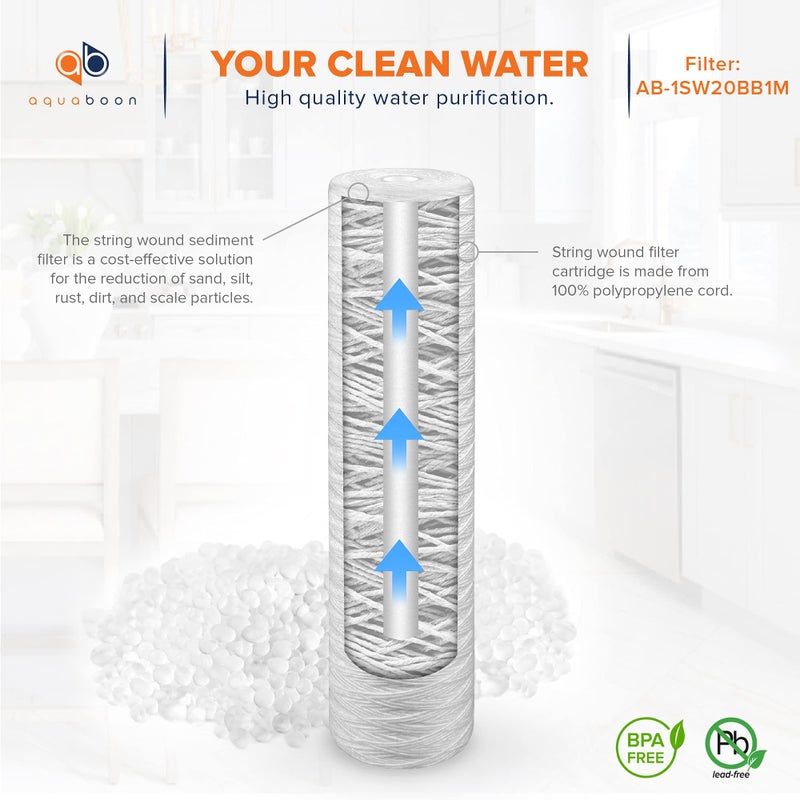Aquaboon 1 Micron Whole House 20" x 4.5" String Wound Water Filter Replacement Cartridge for Well Water Compatible with SWC-25-2005, P5-20, 2-Pack - Image 5
